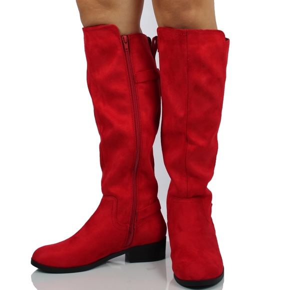 Red faux suede pull on tab knee high boot - Picture 4 of 8